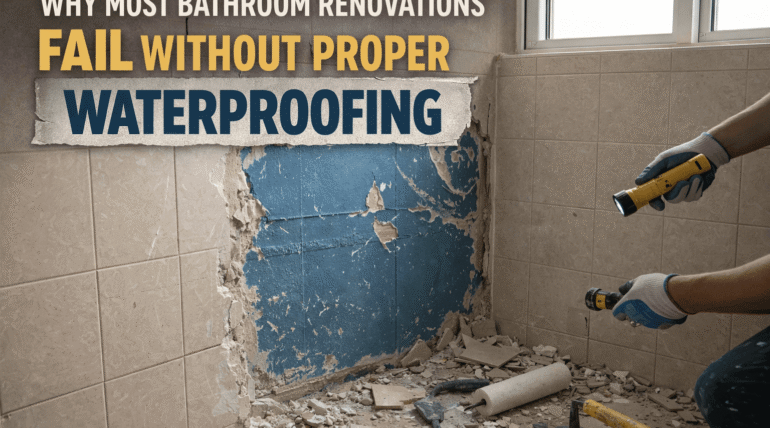 Bathroom waterproofing membrane applied during a bathroom renovation in Sydney to prevent leaks, water damage, and renovation failure